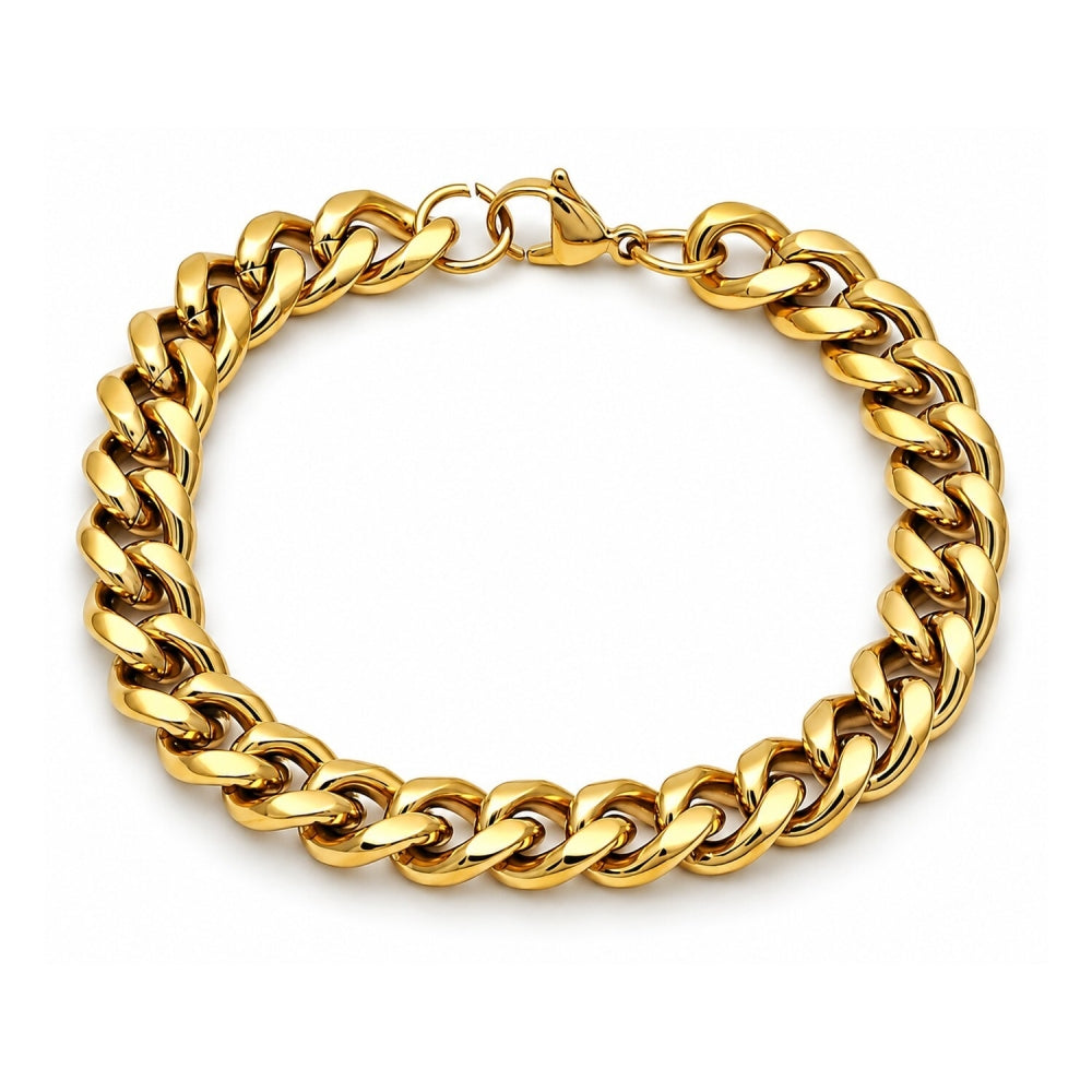 Stainless Steel Basic Bracelet, Miami Cuban Design, Polished, Golden Finish