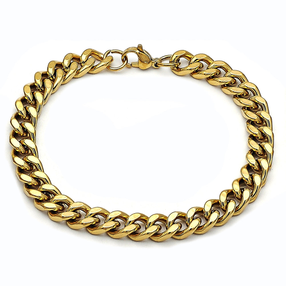 Stainless Steel Basic Bracelet, Miami Cuban Design, Polished, Golden Finish