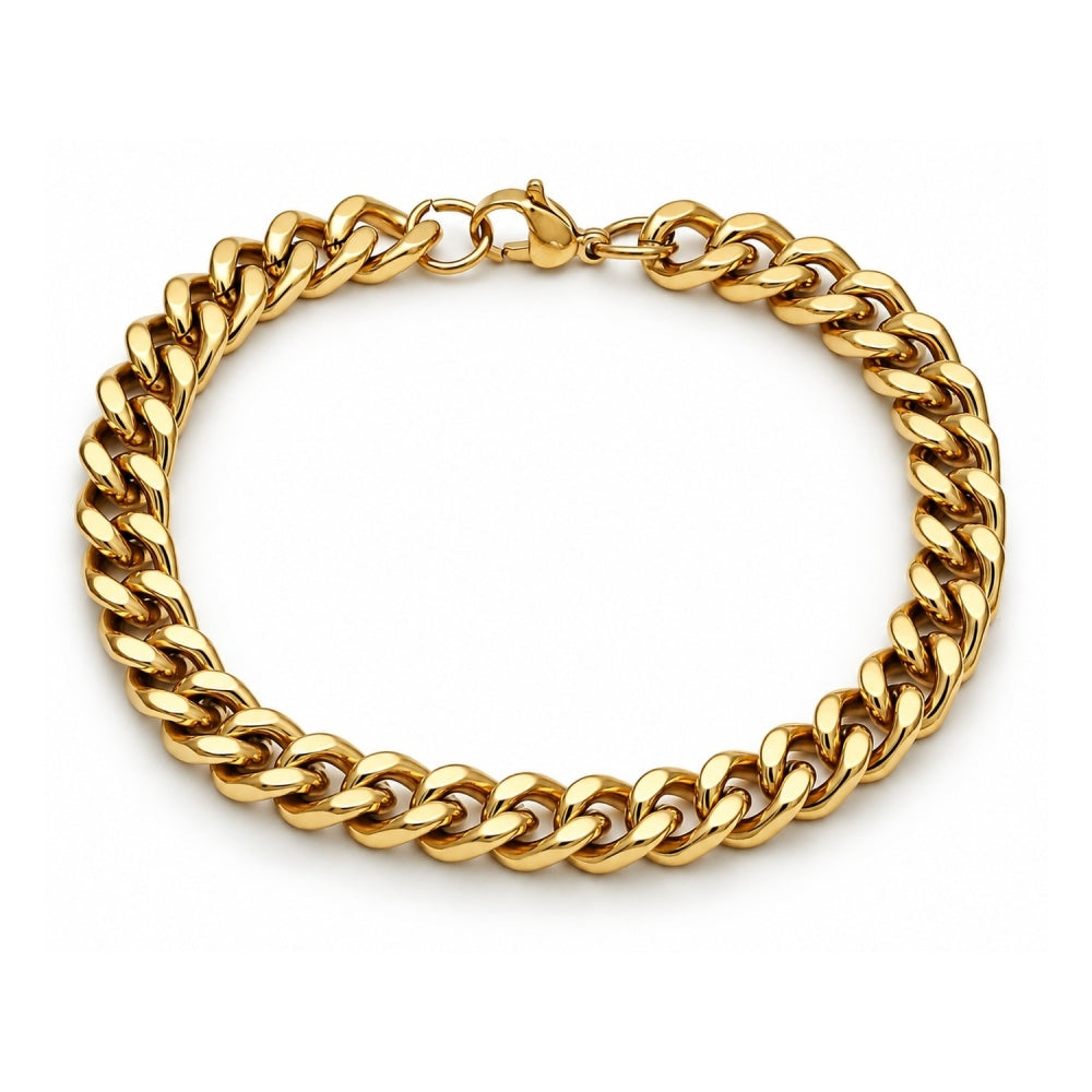 Stainless Steel Basic Bracelet, Miami Cuban Design, Polished, Golden Finish