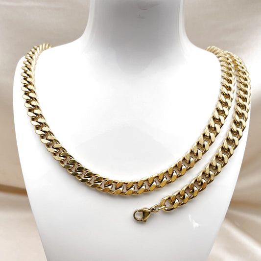 Stainless Steel Necklace and Bracelet, Miami Cuban Design, Polished, Golden Finish