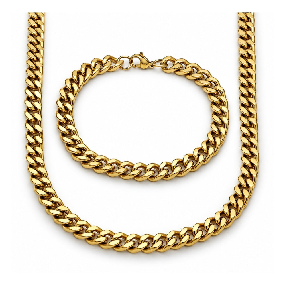 Stainless Steel Necklace and Bracelet, Miami Cuban Design, Polished, Golden Finish