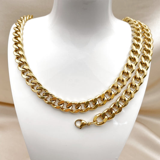 Stainless Steel Necklace and Bracelet, Miami Cuban Design, Polished, Golden Finish