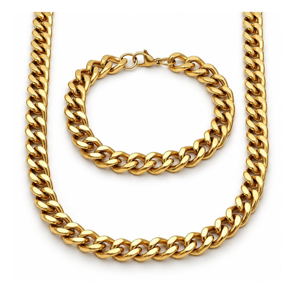 Stainless Steel Necklace and Bracelet, Miami Cuban Design, Polished, Golden Finish