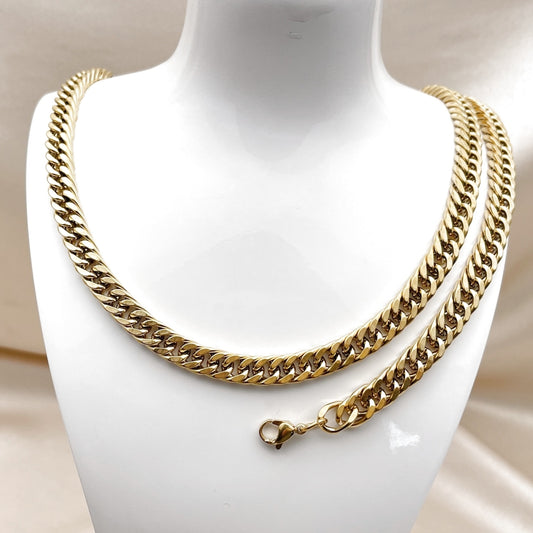 Stainless Steel Necklace and Bracelet, Miami Cuban Design, Polished, Golden Finish