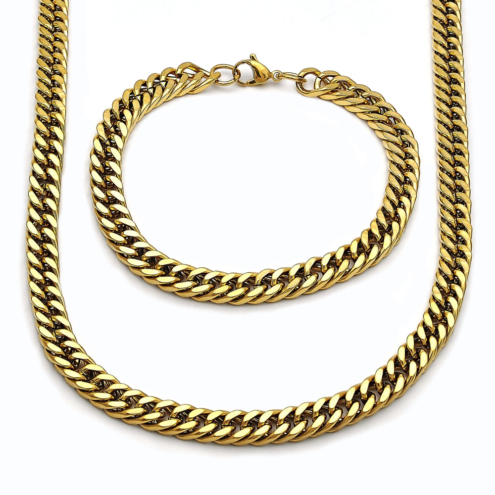 Stainless Steel Necklace and Bracelet, Miami Cuban Design, Polished, Golden Finish