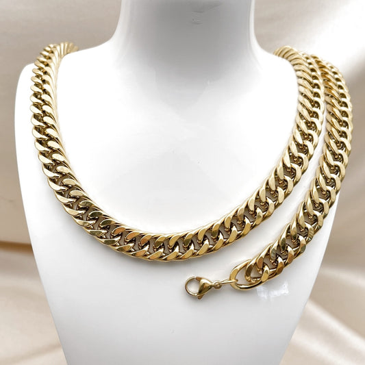 Stainless Steel Necklace and Bracelet, Miami Cuban Design, Polished, Golden Finish