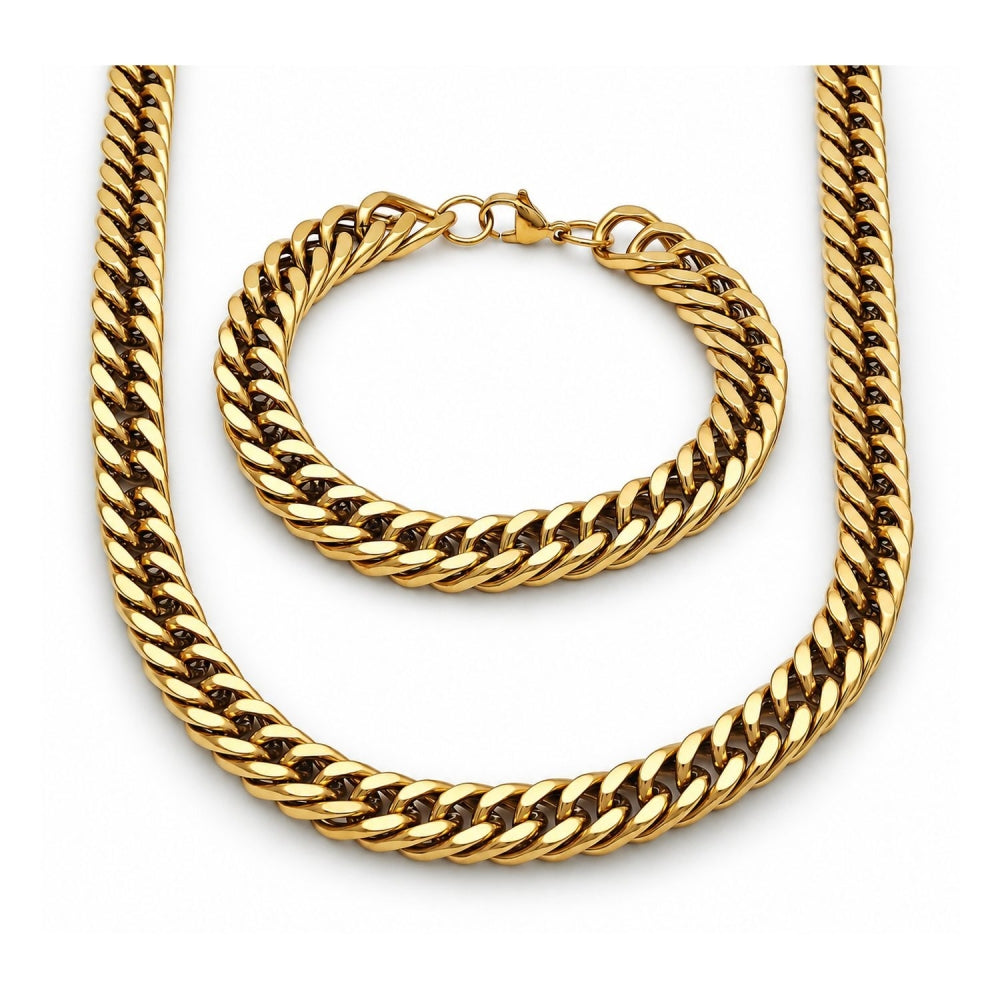 Stainless Steel Necklace and Bracelet, Miami Cuban Design, Polished, Golden Finish
