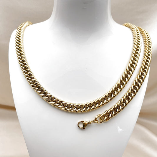 Stainless Steel Necklace and Bracelet, Miami Cuban Design, Polished, Golden Finish