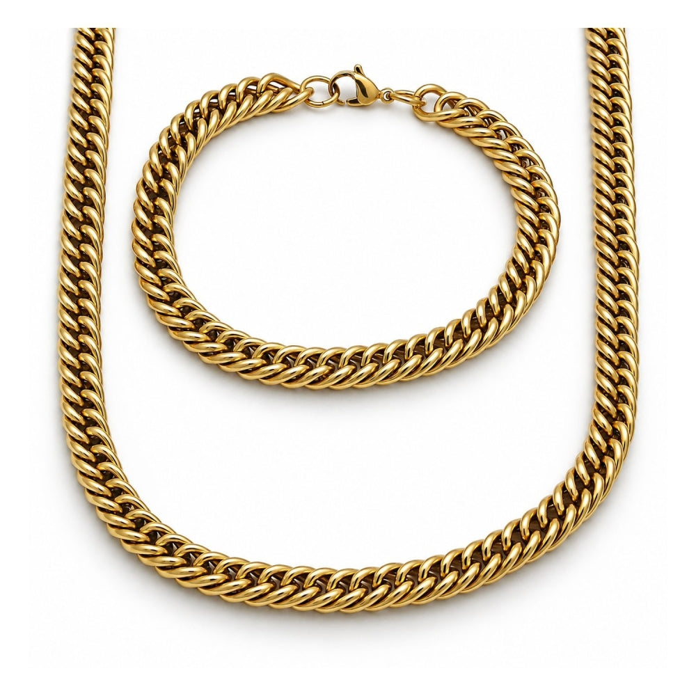 Stainless Steel Necklace and Bracelet, Miami Cuban Design, Polished, Golden Finish