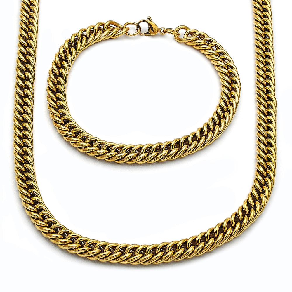 Stainless Steel Necklace and Bracelet, Miami Cuban Design, Polished, Golden Finish