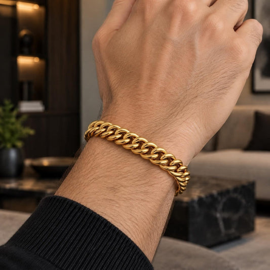 Stainless Steel Basic Bracelet, Miami Cuban Design, Polished, Golden Finish