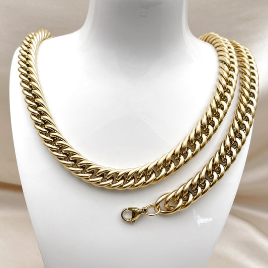 Stainless Steel Necklace and Bracelet, Miami Cuban Design, Polished, Golden Finish