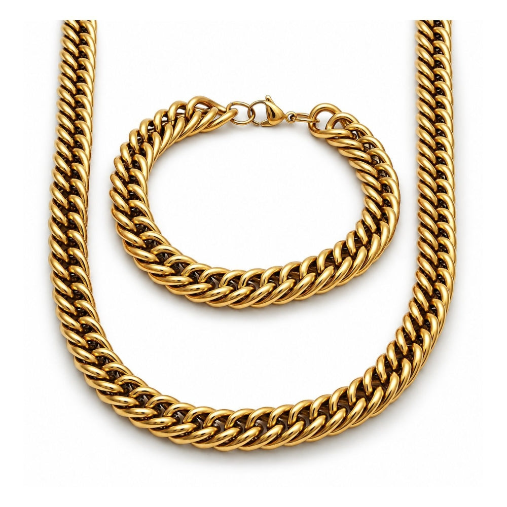 Stainless Steel Necklace and Bracelet, Miami Cuban Design, Polished, Golden Finish
