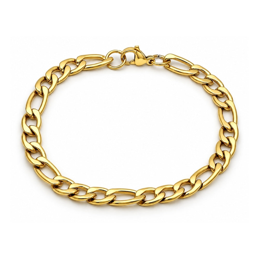 Stainless Steel Basic Bracelet, Figaro Design, Polished, Golden Finish