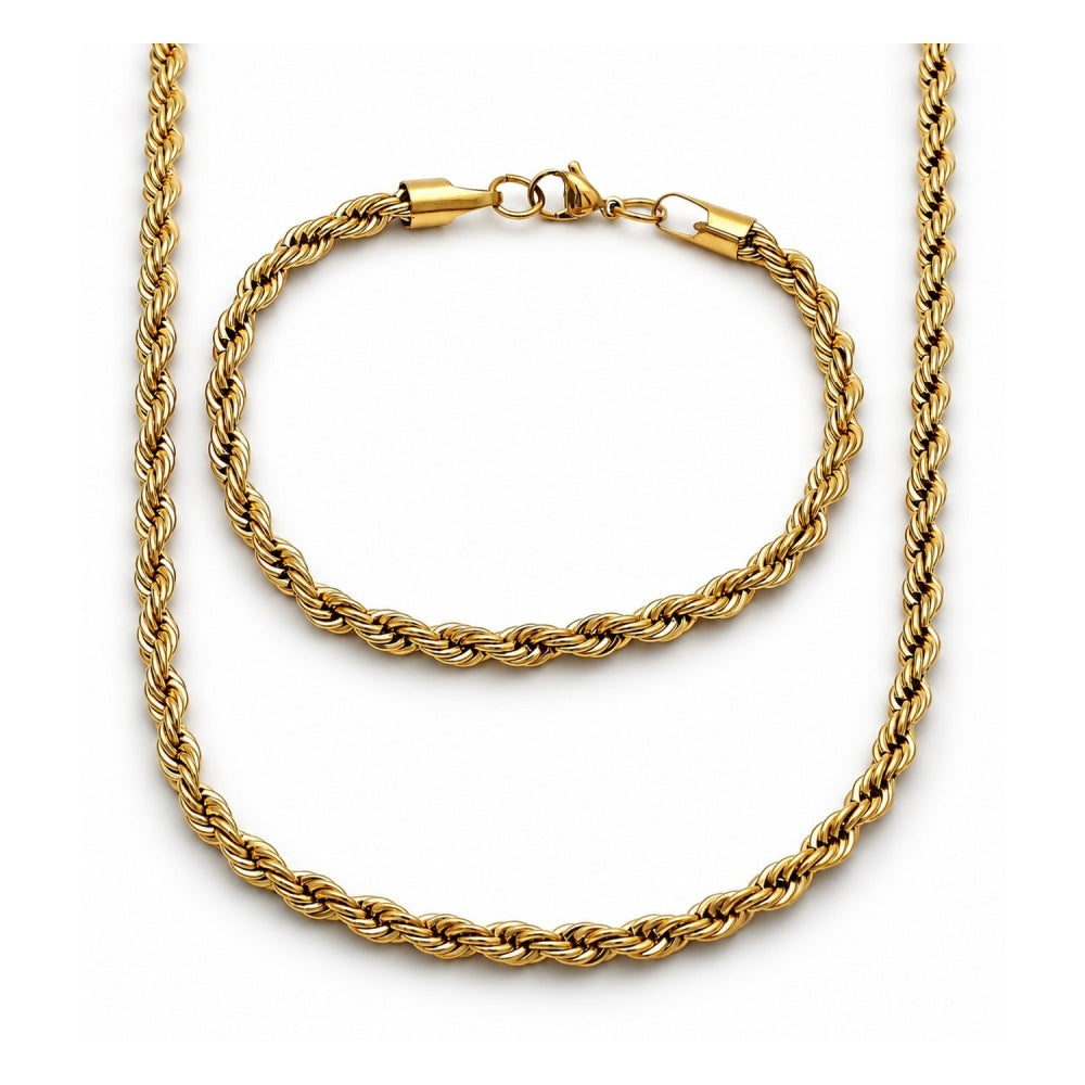 Stainless Steel Necklace and Bracelet, Rope Design, Polished, Golden Finish