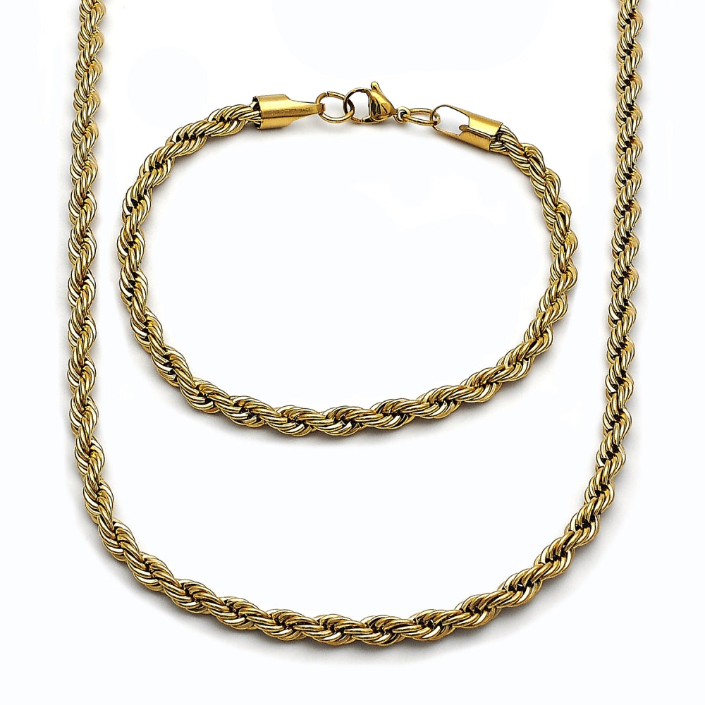 Stainless Steel Necklace and Bracelet, Rope Design, Polished, Golden Finish