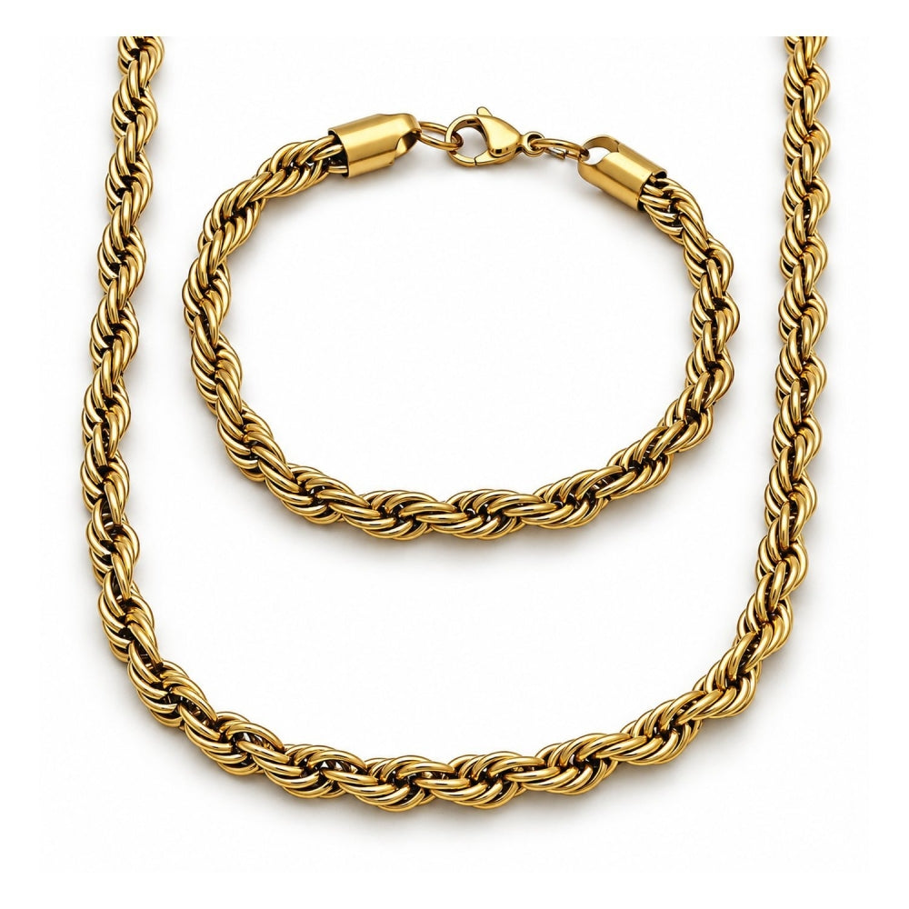 Stainless Steel Necklace and Bracelet, Rope Design, Polished, Golden Finish