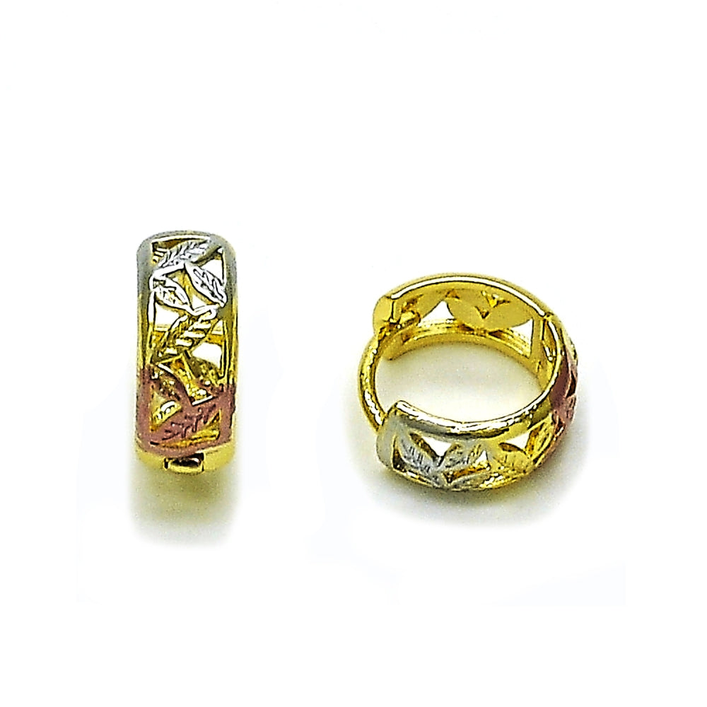 Oro Laminado Huggie Hoop, Gold Filled Style Leaf Design, Polished, Tricolor