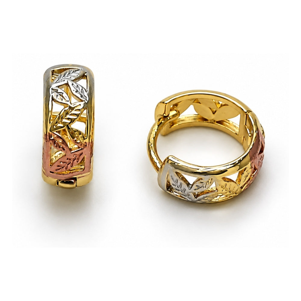 Oro Laminado Huggie Hoop, Gold Filled Style Leaf Design, Polished, Tricolor
