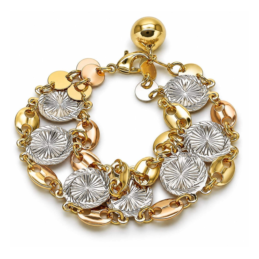Oro Laminado Fancy Bracelet, Gold Filled Style Puff Mariner Design, Diamond Cutting Finish, Tricolor