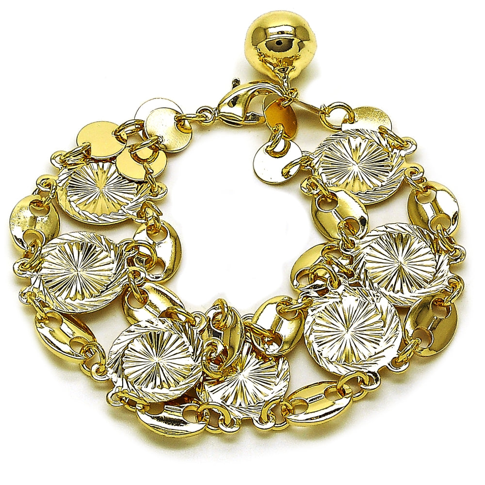 Oro Laminado Fancy Bracelet, Gold Filled Style Puff Mariner Design, Diamond Cutting Finish, Tricolor