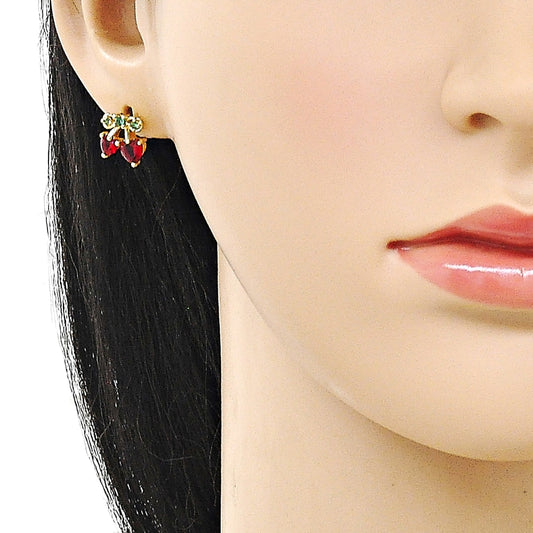 Oro Laminado Stud Earring, Gold Filled Style Cherry and Heart Design, with Garnet and Green Cubic Zirconia, Polished, Golden Finish