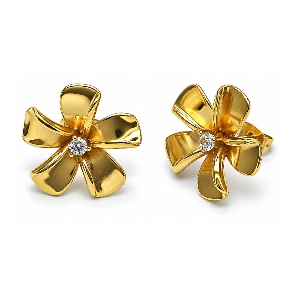 Oro Laminado Stud Earring, Gold Filled Style Flower Design, with White Cubic Zirconia, Polished, Rose Gold Finish