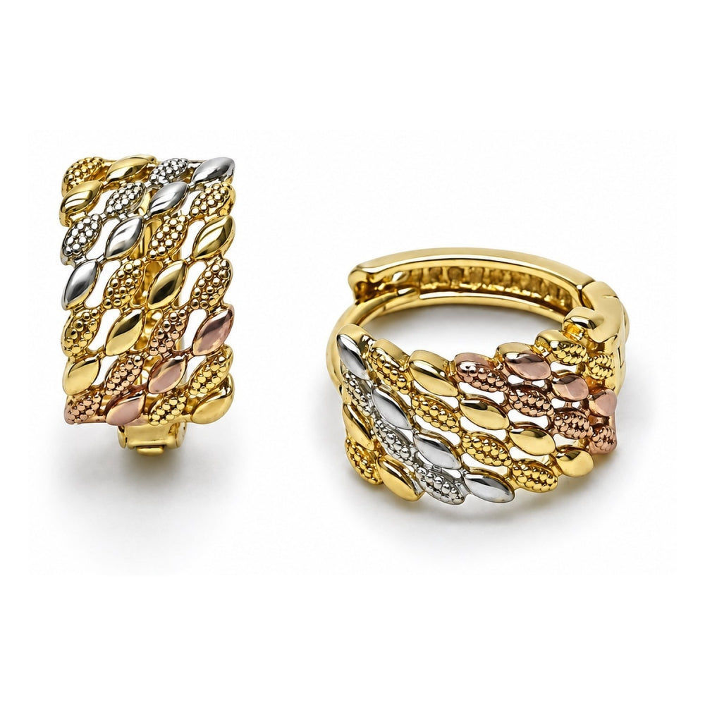 Oro Laminado Huggie Hoop, Gold Filled Style Diamond Cutting Finish, Tricolor