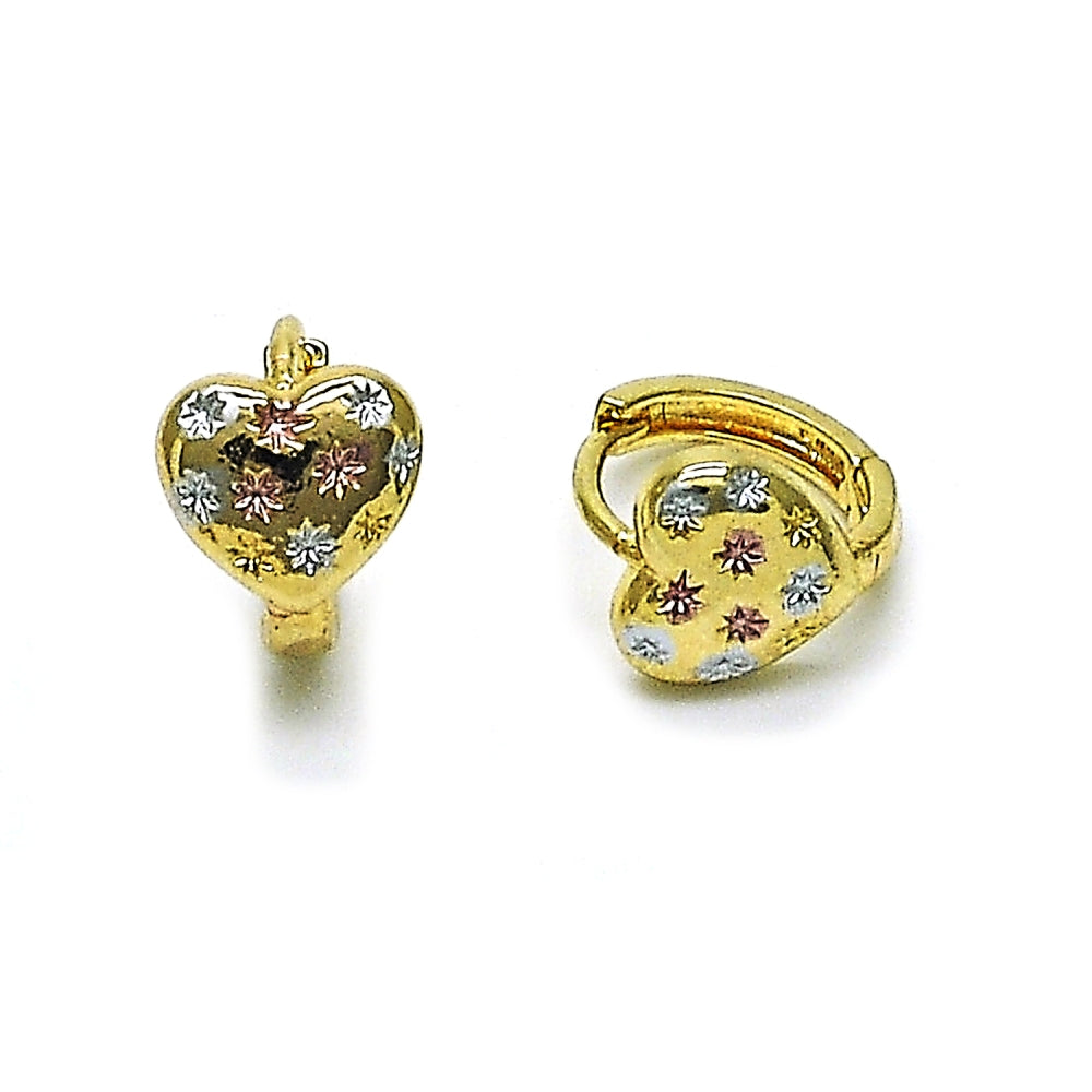Oro Laminado Huggie Hoop, Gold Filled Style Heart Design, Diamond Cutting Finish, Golden Finish