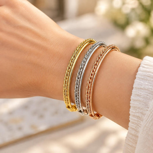 Oro Laminado Trio Bangle, Gold Filled Style Twist Design, Polished, Tricolor