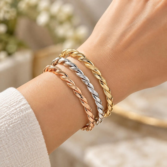 Oro Laminado Trio Bangle, Gold Filled Style Twist Design, Matte Finish, Tricolor