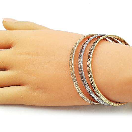 Oro Laminado Trio Bangle, Gold Filled Style Diamond Cutting Finish, Tricolor