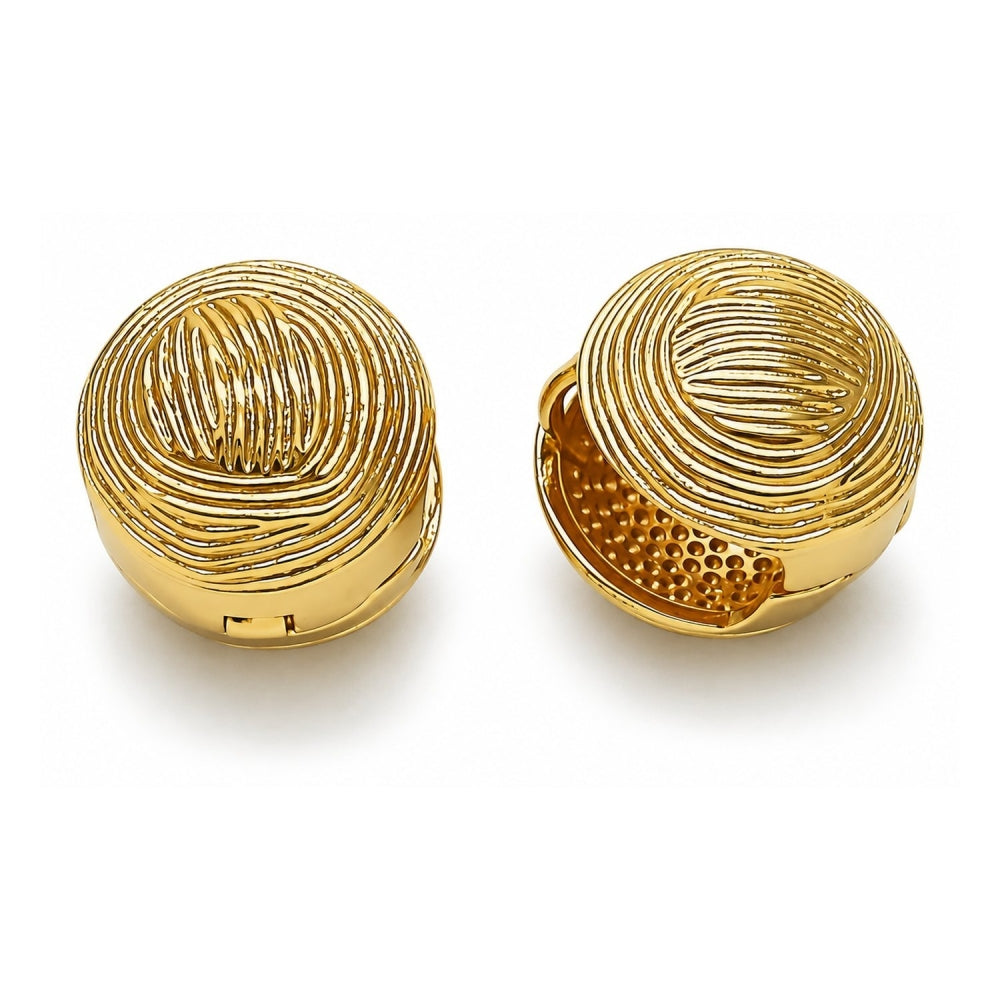 Oro Laminado Huggie Hoop, Gold Filled Style Ball Design, Diamond Cutting Finish, Golden Finish