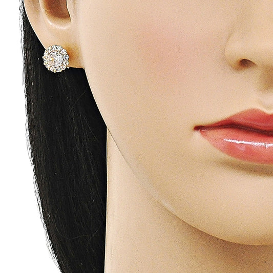 Oro Laminado Stud Earring, Gold Filled Style Cluster Design, with White Cubic Zirconia, Polished, Golden Finish