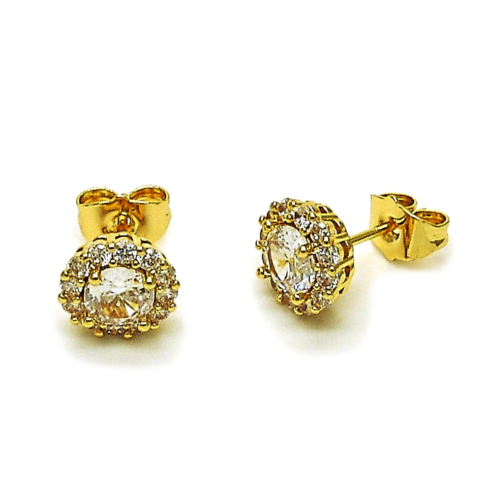 Oro Laminado Stud Earring, Gold Filled Style Cluster Design, with White Cubic Zirconia, Polished, Golden Finish