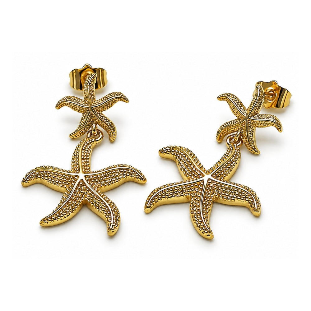 Oro Laminado Stud Earring, Gold Filled Style Star Design, Diamond Cutting Finish, Golden Finish