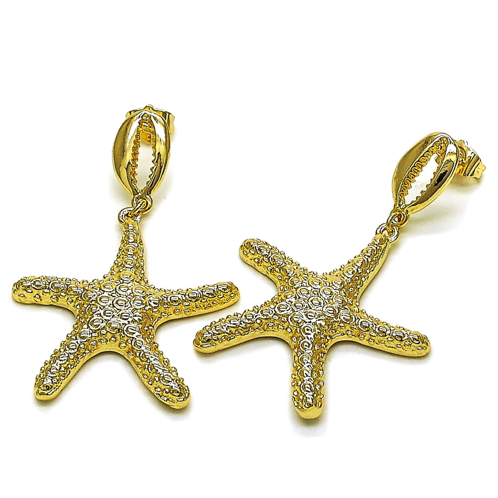 Oro Laminado Dangle Earring, Gold Filled Style Shell and Star Design, Diamond Cutting Finish, Golden Finish