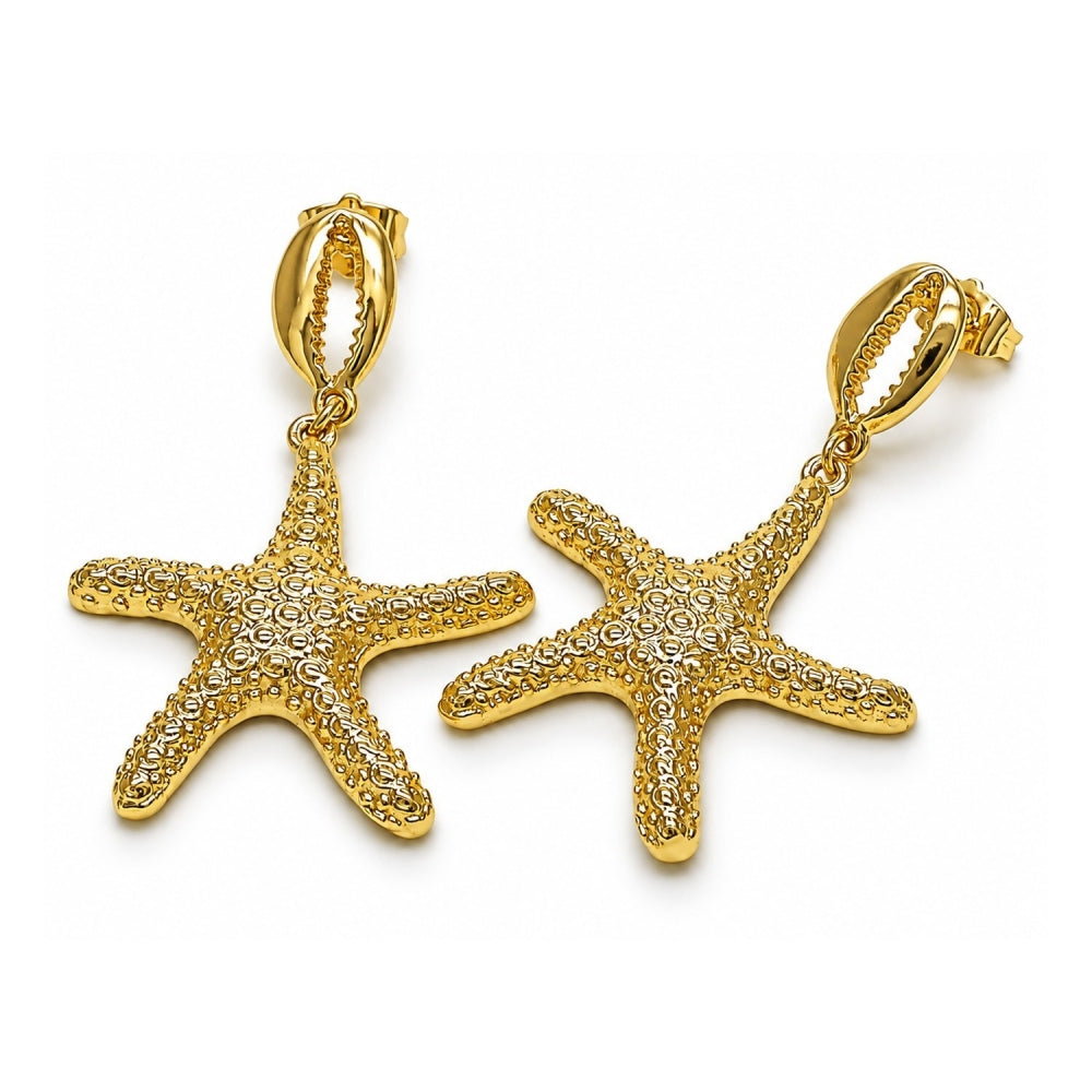 Oro Laminado Dangle Earring, Gold Filled Style Shell and Star Design, Diamond Cutting Finish, Golden Finish