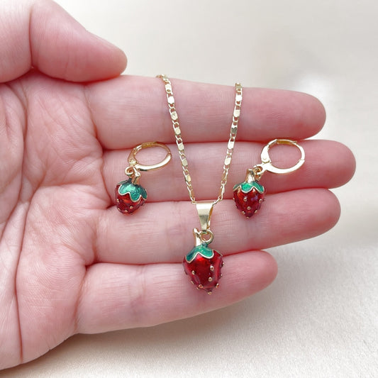 Oro Laminado Earring and Pendant Adult Set, Gold Filled Style Strawberry Design, Red Enamel Finish, Golden Finish
