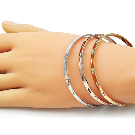 Oro Laminado Trio Bangle, Gold Filled Style Diamond Cutting Finish, Tricolor