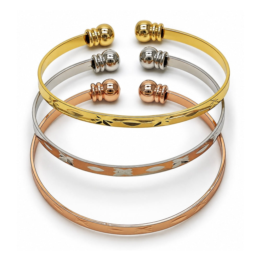 Oro Laminado Trio Bangle, Gold Filled Style Diamond Cutting Finish, Tricolor