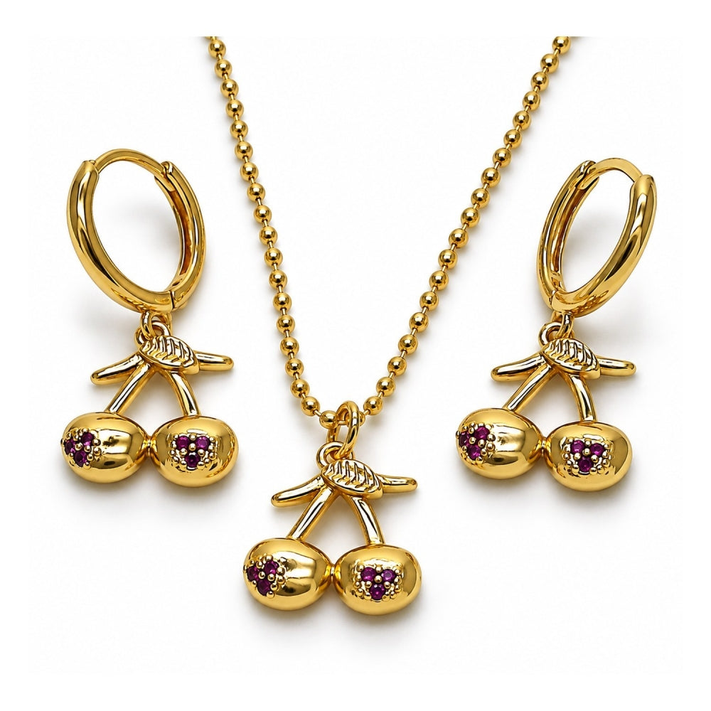 Oro Laminado Earring and Pendant Adult Set, Gold Filled Style Cherry Design, with Ruby Micro Pave, Polished, Golden Finish