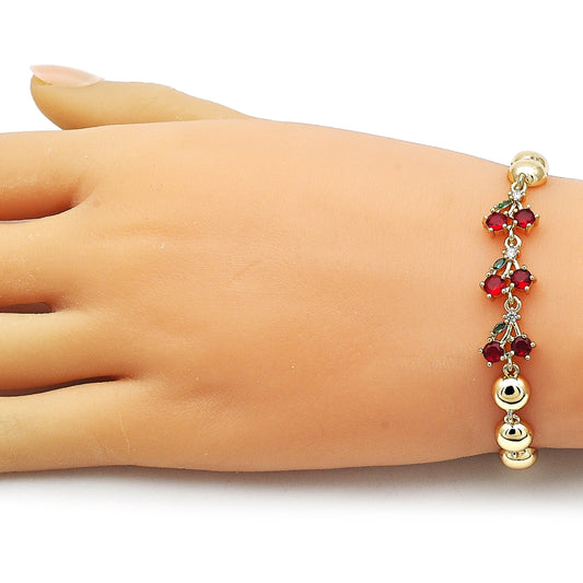 Oro Laminado Fancy Bracelet, Gold Filled Style Cherry and Ball Design, with Garnet and Green Cubic Zirconia, Polished, Golden Finish
