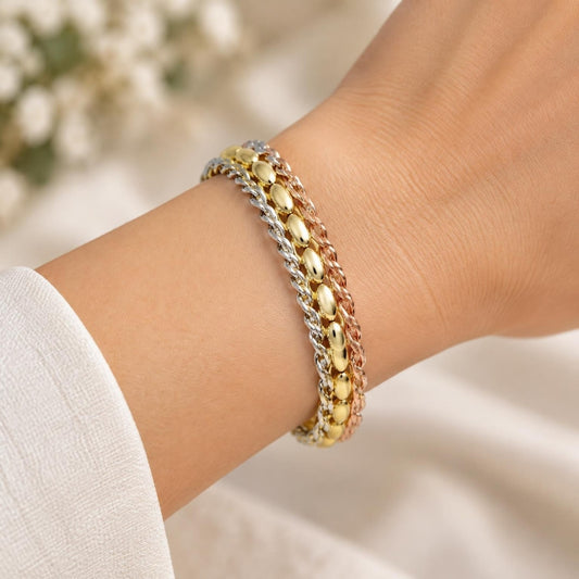 Oro Laminado Individual Bangle, Gold Filled Style Twist and Ball Design, Polished, Tricolor