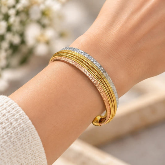 Oro Laminado Individual Bangle, Gold Filled Style Diamond Cutting Finish, Tricolor