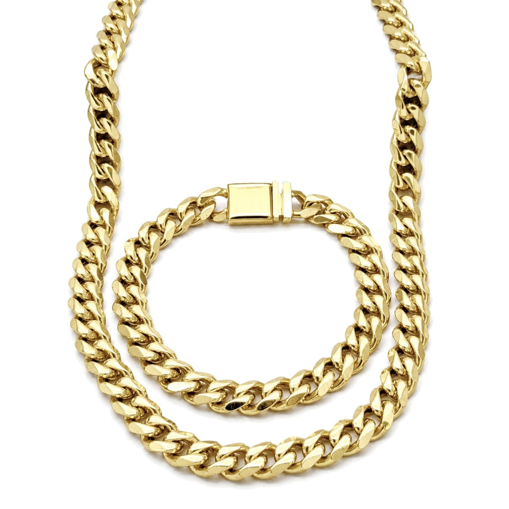 Stainless Steel Necklace and Bracelet, Miami Cuban Design, Polished, Golden Finish