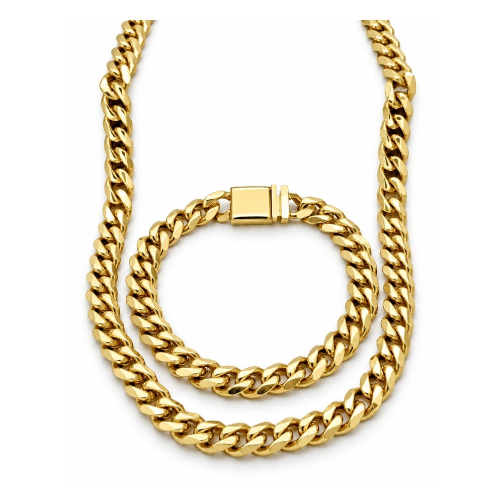 Stainless Steel Necklace and Bracelet, Miami Cuban and Box Lock Design, Polished, Golden Finish