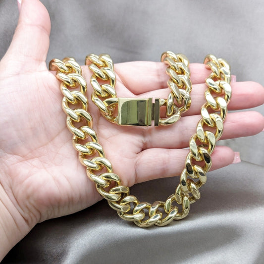 Stainless Steel Necklace and Bracelet, Miami Cuban Design, Polished, Golden Finish