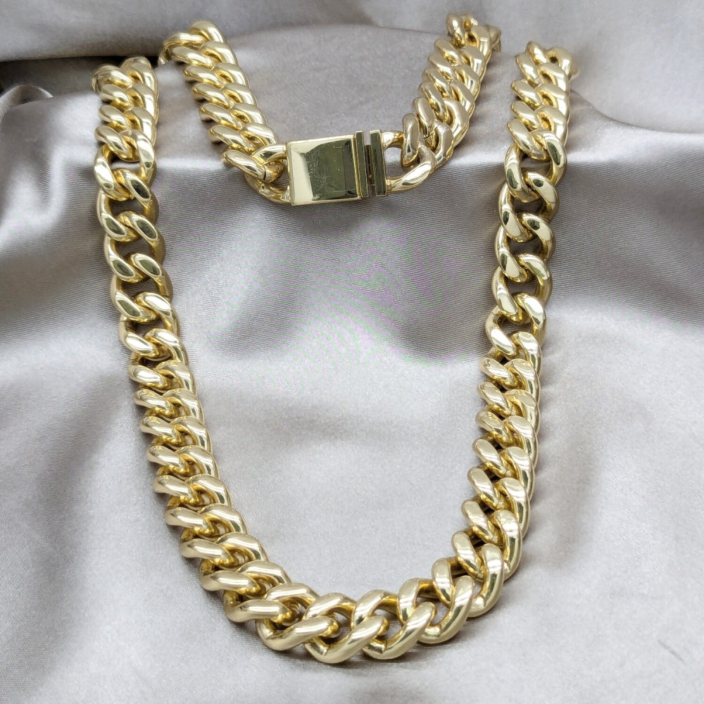 Stainless Steel Necklace and Bracelet, Miami Cuban Design, Polished, Golden Finish
