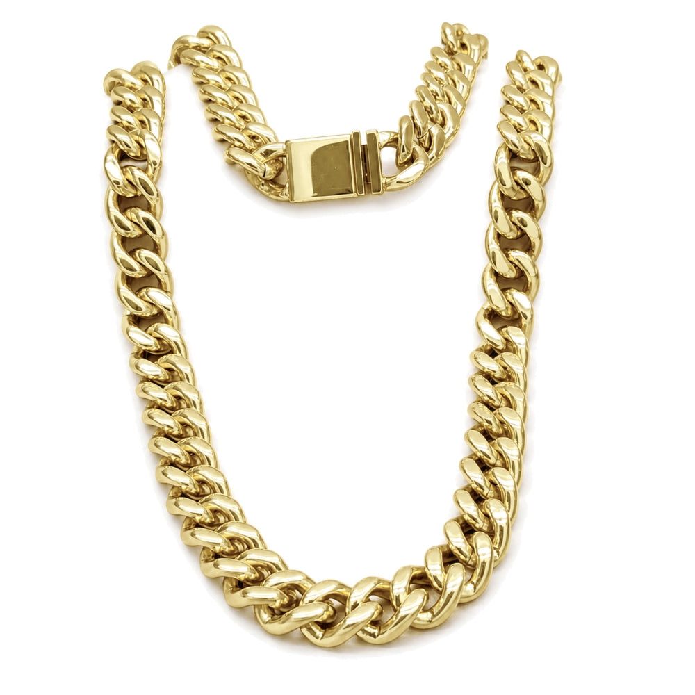 Stainless Steel Necklace and Bracelet, Miami Cuban Design, Polished, Golden Finish